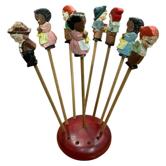 Italy Vintage Set 8 Hand Carved Painted Wood Swivel Cocktail Sticks People - Picture 1 of 7